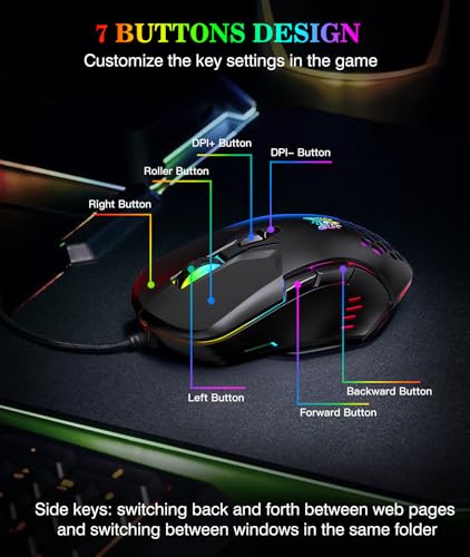 Wired PC Gaming Mouse: High Precision Sensor,RGB Backlit, Adjustable DPI, 7 Buttons Programmable,Ergonomic mice for Office & Gaming on Windows/Mac/Linux/Chrome-Black - color: Black