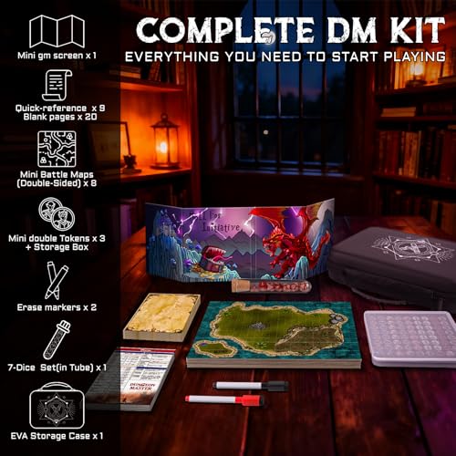 CZYY Mini RPG Adventure Kit with DM Screen, Maps, Tokens & Dice | Portable EVA Case, 8 Dry-Erase Maps, 9 Reference Inserts, Travel-Ready DND Starter Set, Small Table Play, Gift for DMs