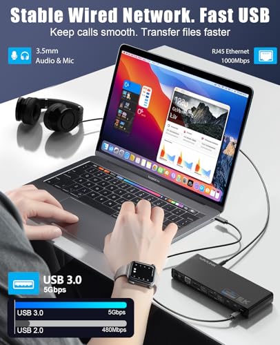 WAVLINK Pro Dual 4K@60Hz Universal Docking Station | USB 3.0/USB-C Laptop Dock for Mac (M1-M5, Neo) & Windows | 2 HDMI/DP, Gigabit Ethernet, USB 3.0 | Home Office & Multi-Screen Productivity. - color: 69DK1
