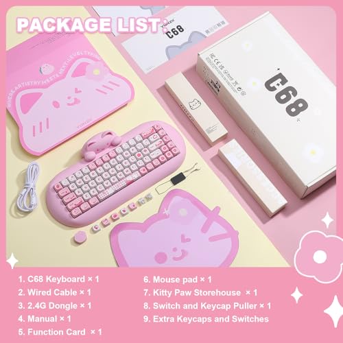 YUNZII C68 Silicone Cute Cat Mechanical Keyboard (Pink, Milk Switch) | Wireless Triple Mode BT5.0/2.4G/Wired, RGB Backlit NKRO, Cute Cat Silicone Ergonomic Design for Win/Mac - color: Pink, size: Milk Switch