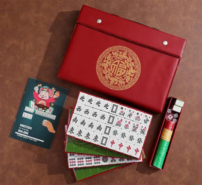 Mose Cafolo Traditional Chinese Mahjong Set – 144 Melamine 34mm Standard Size Tiles + 2 Spare Tiles, No Arabic Numerals, Travel Case, Complete Mahjong Game, Green - color: Green