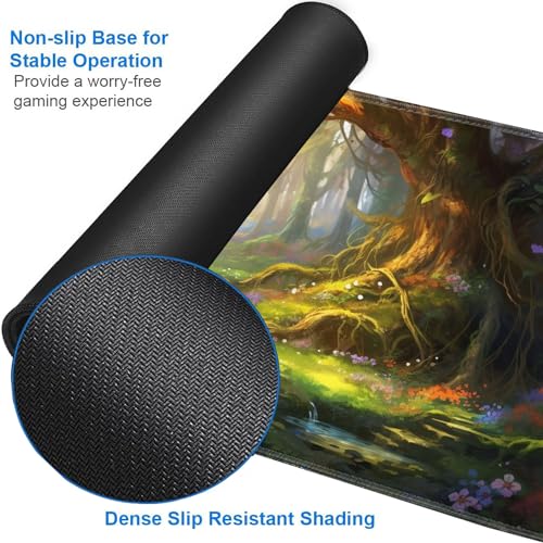 JVGFYNKL MTG Playmat + Drawstring Travel Pouch + 6 Dice Counter, for Tabletop Trading Card Game Playmats or Large Mouse Pad, Anti-Slip Rubber 24 x 14 in, Enchanted Forest TCG Playmat - color: JV-Playmat-1-F-155