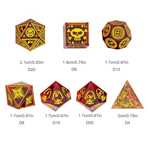 Cusdie 7-Piece Sharp Edges DND Dice Set with Pirate Design - Perfect for Tabletop RPGs Board Games Gifting and Collecting(Red w/Yellow Pirate Pattern) - color: Red W/Yellow Pirate Pattern