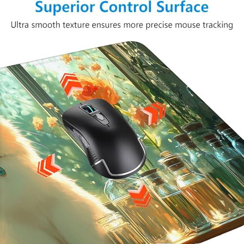 Cute Kawaii White Cat Desk Mat Green Plant Leaves Anime Extended Gaming Mouse Pad Mat with Stitched Edge Non-Slip Base Big Mouse Pad 31.5"x11.8" Office Computer Keyboard Laptop Home - color: Cute Kawaii White Cat_004, size: 11.8" x 31.5"