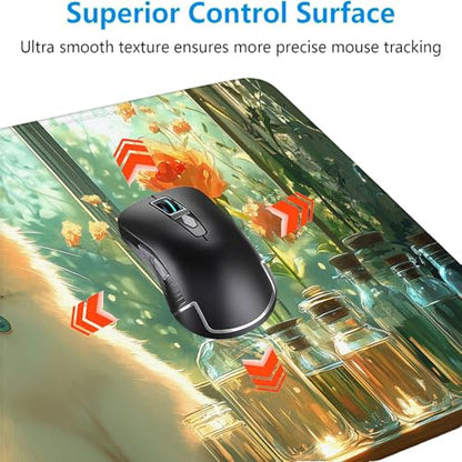 Cute Kawaii White Cat Desk Mat Green Plant Leaves Anime Extended Gaming Mouse Pad Mat with Stitched Edge Non-Slip Base Big Mouse Pad 31.5"x11.8" Office Computer Keyboard Laptop Home - color: Cute Kawaii White Cat_004, size: 11.8" x 31.5"