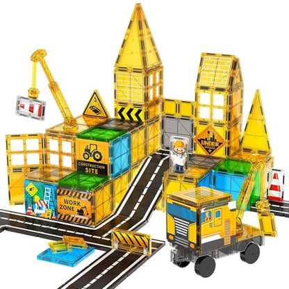 SKTMYY Magnetic Tiles for Kids, Construction Toys with Crane Road Truck Magnets Building Blocks Gifts for Kids Ages 3-5 4-8 Montessori Preschool Educational STEM Toy Gifts for 3+ Years Old Boys - style: Construction Magnetic Tiles
