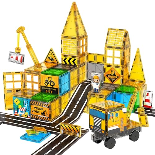 SKTMYY Magnetic Tiles for Kids, Construction Toys with Crane Road Truck Magnets Building Blocks Gifts for Kids Ages 3-5 4-8 Montessori Preschool Educational STEM Toy Gifts for 3+ Years Old Boys - style: Construction Magnetic Tiles