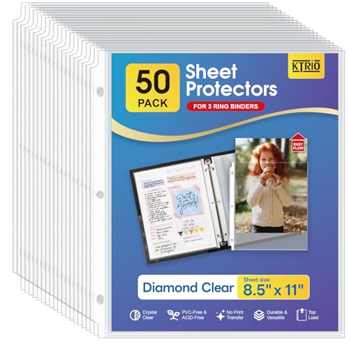 KTRIO Sheet Protectors 8.5 x 11, Page Protectors for 3 Ring Binder, 50 Pack | Crystal Clear, Top Loading, PVC-Free & Acid-Free Polypropylene, No Print Transfer, Protects Letter Size Documents