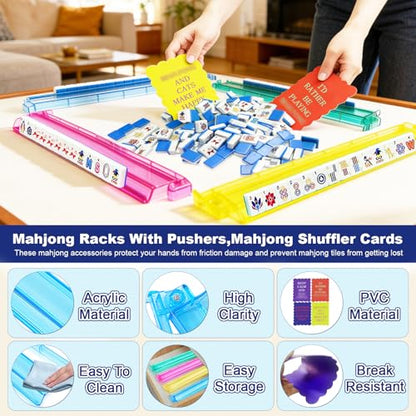 Deluxe American Mahjong Tile Set, 166 Unique Designer Tiles, Blue | Complete game kit with 4 pcs shuffler cards, 4 all-in-one racks/pushers and custom premium travel bag for family game night. - color: Blue