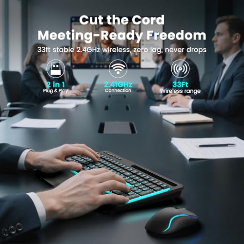 SABLUTE Wireless Keyboard and Mouse Combo, Rechargeable 4000mAh Light up Quiet Keyboard with Wrist Rest & Phone Holder, Ergonomic Silent Typing for PC/Mac/Laptop/Windows/Chrome OS - color: Black A