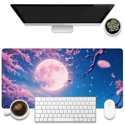Large Gaming Mouse Pad for Desk, Falling Cherry Blossoms Desk Mat, Bright Full Moon Desk Pad, 31.5"x15.7" Extended Big Computer Keyboard Mouse Pad with Non-Slip Base and Stitched Edge - color: Falling Cherry Blossoms