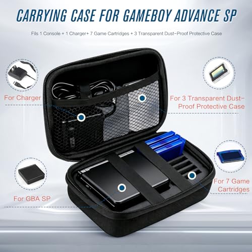Carrying Case for Gameboy Advance SP,Game Case Holder for GBA SP Accessories,Accommodates 1 Charger,7 Game Cartridge Slots Simultaneously,Durable Portable Storage Bag for GBA SP,with 3 Cartridge Cases - style: GBA SP
