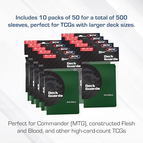BCW Deck Guard - Double Matte Card Sleeves | 500 Count Box (10 Packs of 50 Sleeves) |Acid-Free, No PVC | Fits 2.5" x 3.5" Game Cards | Archival Safe Sleeves for Card Protection (Green) - color: Green