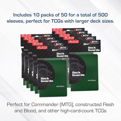BCW Deck Guard - Double Matte Card Sleeves | 500 Count Box (10 Packs of 50 Sleeves) |Acid-Free, No PVC | Fits 2.5" x 3.5" Game Cards | Archival Safe Sleeves for Card Protection (Green) - color: Green
