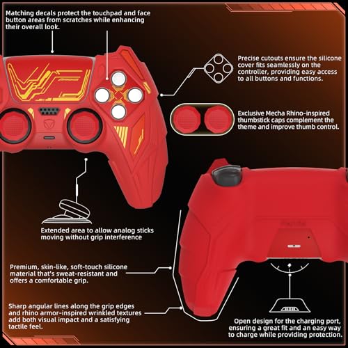PlayVital Silicone Skin Set for PS5 Controller - Mecha Rhino Design, Anti-Slip Grip Cover Protector Compatible with Charging Dock, with Thumb Grips & Touchpad Sticker - Maple Red & Brick Red - color: Maple Red & Brick Red