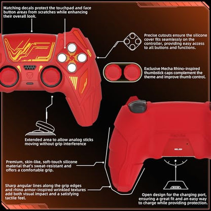 PlayVital Silicone Skin Set for PS5 Controller - Mecha Rhino Design, Anti-Slip Grip Cover Protector Compatible with Charging Dock, with Thumb Grips & Touchpad Sticker - Maple Red & Brick Red - color: Maple Red & Brick Red