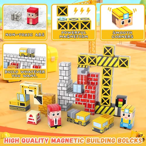 54 Pcs Mini Magnetic Blocks Travel Toys with Iron (Yellow) | Kids 3+ Mini Magnetic Cubes for Airplane & Car Ride Portable Storage Box Toddler Gifts Christmas Halloween New Year birthday