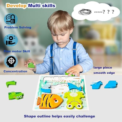 Toddlers Wooden Montessori Puzzles, Educational Jigsaw for Ages 1-4,Toddler Toys 2-3 Year Old Learning Gifts for Boys Girls Kids - color: Sea Animal