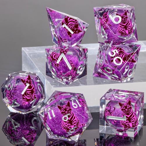 KERWELLSI Cat Liquid Core DND Dice Set with Gift Box, 7Pcs Resin Dungeons Sharp Edge D&D Dice, Dragons D and D Role Playing Dice D20 D12 D10 D8 D6 D4, Purple - color: Purple and Purple Cat