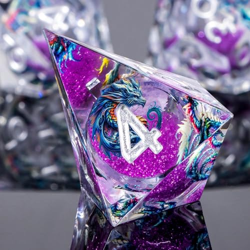 Roycevon Dragon Pattern Liquid Core DND Dice Set, 7Pcs Sharp Edge D&D Dice with Gift Box, Resin Purple Dungeons Dragons D and D Role Playing Dice D20 D12 D10 D8 D6 D4 - color: Purple