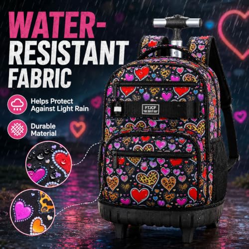 3Pcs Rolling Backpack for Girls Women, Leopard print Travel Roller Backpacks with Wheels for Adults, Teens College Wheeled Bookbag with Lunch Box(Brown) - color: Brown Love