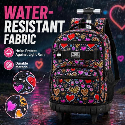 3Pcs Rolling Backpack for Girls Women, Leopard print Travel Roller Backpacks with Wheels for Adults, Teens College Wheeled Bookbag with Lunch Box(Brown) - color: Brown Love