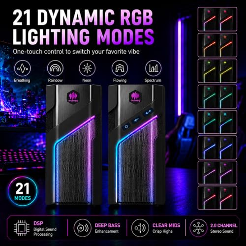 W-206RE RGB Gaming Speakers for PC, Bluetooth & USB Computer Speakers for Desktop PC, Touch Control Stereo Speakers for Monitor & Laptop with 21 LED Light Modes