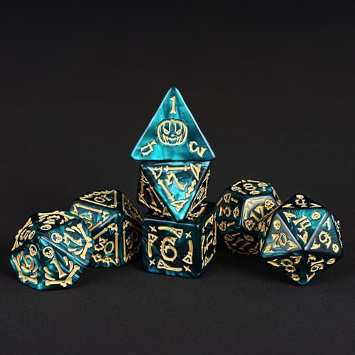 7-Die DND Dice Set Scary Pattern Polyhedral Dice Set with Leather Bag, Skull Dice D&D Dice Set for RPG Table Games.(Scary Pattern-Green) - color: Halloween Pattern-green