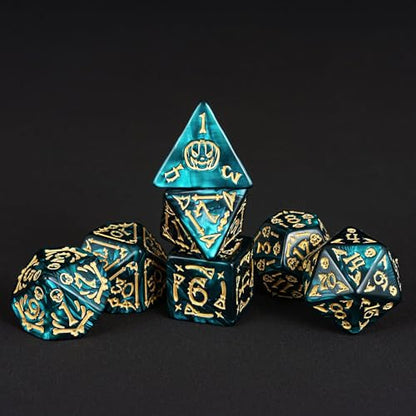 7-Die DND Dice Set Scary Pattern Polyhedral Dice Set with Leather Bag, Skull Dice D&D Dice Set for RPG Table Games.(Scary Pattern-Green) - color: Halloween Pattern-green