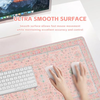 Baziabbo Pink Floral Desk Mat,XXL Extended Big Mouse Pad,Gaming Mousepad with Stitched Edge,Non-Slip Rubber Base Keyboard Desk Pad for Home Office Study Game - color: A-Pink Floral
