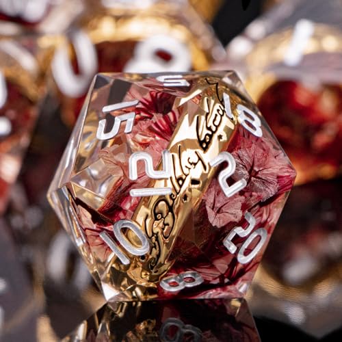 Magic Golden Ring DND Dice Set Sharp Edge Resin Dice with Case, Pink Flower Lord D and D Dice for use with D&D RPG Role Playing Games, Polyhedral Dice Set D20 D12 D10 D8 D6 - color: Ring-flower-1
