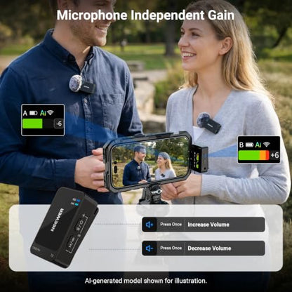 NEEWER CM26 Pro AI Wireless Microphone Compatible with iPhone Android Phone Camera PC, Lavalier Lapel Mic DSP/MCU Noise Cancellation Mute Gain Low Cut 48KHz/24Bit 88dB SNR 50H Battery 100m Range