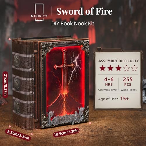 MiniCity Sword of Fire Book Nook Kit, 3D Wooden Bookshelf Puzzle with LED | 255-piece book-style DIY kit with LED and dust cover; glue/tools and guide included; 4-6 hr build for shelf decor, ages 14+. - style: The Sword of Fire