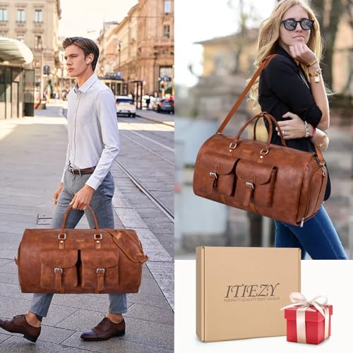 Garment Bag for Travel Convertible Carry on Travel Duffel Bag for Men Women | 3PCS Large Weekender Bag with Waterproof Shoes Pouch 2 in 1 Hanging Clothes Suit Dress Bag Travel Garment Duffel Bag 56L - color: A1-Brown-Faux Leather