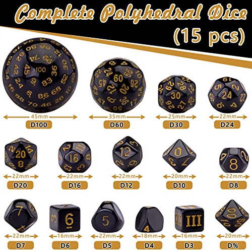 AUSTOR 15 Pieces Complete Polyhedral Dice Set D3-D100 Game Dice Set with a Leather Drawstring Storage Bag for Role Playing Table Games(Black & Yellow) - color: Black & Yellow