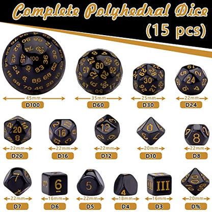 AUSTOR 15 Pieces Complete Polyhedral Dice Set D3-D100 Game Dice Set with a Leather Drawstring Storage Bag for Role Playing Table Games(Black & Yellow) - color: Black & Yellow