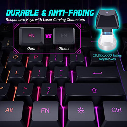 yesbeaut Gaming Keyboard, 7-Color Rainbow LED Backlit, 104 Keys Quiet Light Up Keyboard, Wrist Rest, Whisper Silent, Anti-ghosting Multimedia Keys, Waterproof USB Wired Keyboard for PC Mac Xbox - color: black