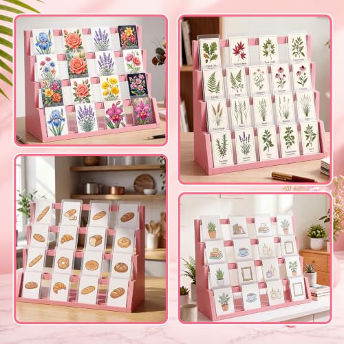 Junkin 4-Tier Pink Wooden Greeting Card Display Stand, Trading Cards Display Cases Tabletop for Idol Game Sports Collection Showcase, Ideal Gift for Card Collectors