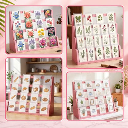 Junkin 4-Tier Pink Wooden Greeting Card Display Stand, Trading Cards Display Cases Tabletop for Idol Game Sports Collection Showcase, Ideal Gift for Card Collectors