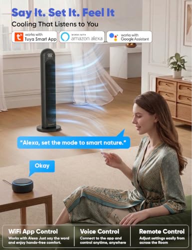 EcoNour Smart Tower Fan with WiFi & Alexa Control, 42Inch Personal Fan, 120° Oscillation, Powerful Whole-Room Airflow, 28dB Quiet DC Motor, 12 Speeds & 4 Modes, 1500 RPM Fan for Bedroom, Home&Office - color: black