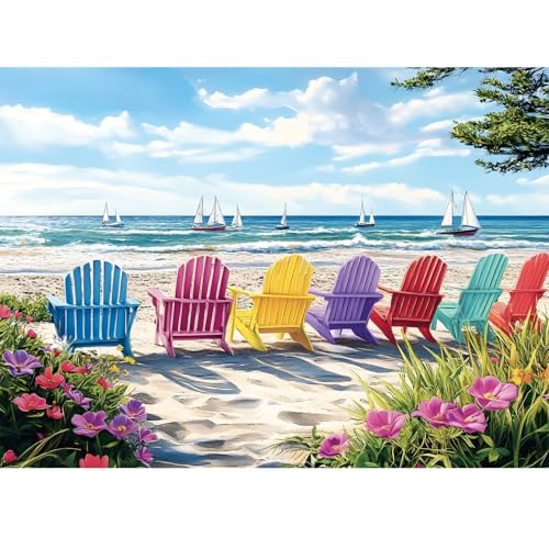 500 Piece Puzzles for Adults,Fun Hawaiian Beach Rainbow Chair Jigsaw Puzzle | Unique Recycled Paper Colorful Summer Sailboat Scene Vacation Puzzle for Seniors,Challenging for Friends Men Women,20.5 *15In - color: Color Chairs