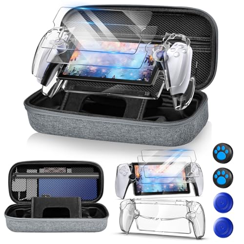 Auarte 12 in 1 Accessories Set for Playstation Portal Remote Player | Hard Carrying Case for PS Portal with Clear Skin Case for PS5 Portal, 2 Screen Protector with 4 Thumb Grip - color: Light Grey