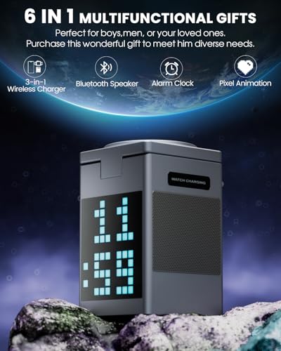 Vivilumens 3-in-1 Wireless Charging Station with Bluetooth Speaker, Pixel Digital Clock for Desk, Wireless MagSafe for iPhone 17/16/15, Apple Watch, AirPods, Fast Charging, Compact Desk Organizer - color: Grey
