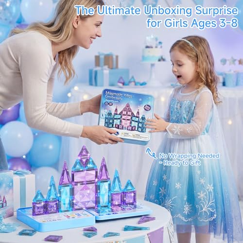 burgkidz Magnetic Travel Tiles for Kids 3-8: 42PCS Large & Small Ice Blue Purple Glitter Blocks – 2-in-1 Storage & Base – 90+ Min Quiet Play, 300+ Builds, 30s Cleanup – Car & Plane Toys for Girls - color: Blue