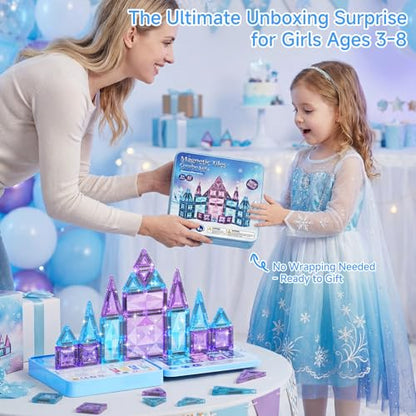 burgkidz Magnetic Travel Tiles for Kids 3-8: 42PCS Large & Small Ice Blue Purple Glitter Blocks – 2-in-1 Storage & Base – 90+ Min Quiet Play, 300+ Builds, 30s Cleanup – Car & Plane Toys for Girls - color: Blue