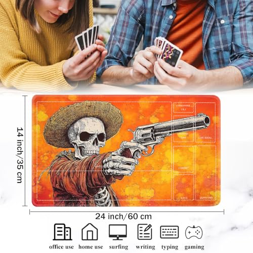 for MTG/TCG Playmat with Zones, 24 x 14 inches Trading Card Playmat with A Storage Bag and 6 Dice, Non-Lip Rubber Bottom Game Desk Mat, Mexican Hat Skeleton Revolver - color: Yux-playmats-2-3A-242