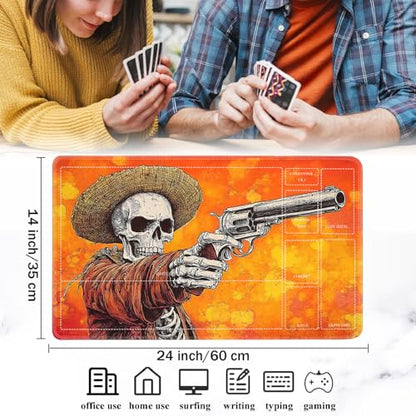 for MTG/TCG Playmat with Zones, 24 x 14 inches Trading Card Playmat with A Storage Bag and 6 Dice, Non-Lip Rubber Bottom Game Desk Mat, Mexican Hat Skeleton Revolver - color: Yux-playmats-2-3A-242