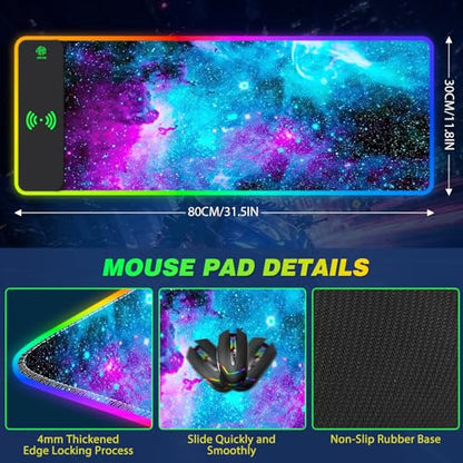 AIMSA Wireless Charging RGB Gaming Mouse Pad 15W, Extended LED Desk Mat Protector 800x300x4MM, 14 Light Modes Extra Large Mousepad Non-Slip Rubber Base Desk Mat, Galaxy Nebula Universe - color: Galaxy Nebula Universe