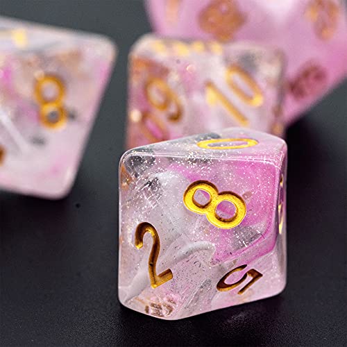 UDIXI 7PCS Glitter DND Dice Set Resin RPG Polyhedral Dice Set for D&D | Pink & White Swirl, Gold Number, Velvet Dice Bag Packaging, for Dungeons and Dragons Role Playing Games and Tabletop Games - color: Pink White