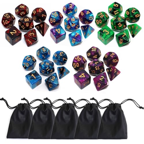 Polyhedral D&D Dice Set-5 Pack Double-Colors Dice Sets Compatible with Dungeons and Dragons DND Role Playing Game RPG MTG Games Dice with D4 D6 D8 D10 D% D12 D20 (5 Colors Set) - color: 5 Pack Double-colors Dice